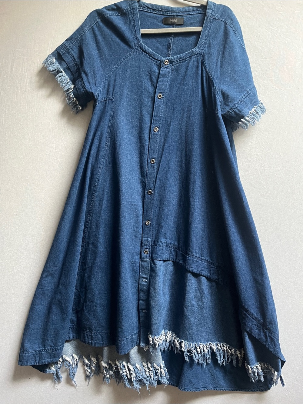Initial Denim Fringe Button Front Midi Dress Pockets Size M